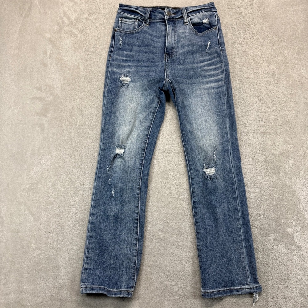 Risen Jeans Women's 1/25 Straight Leg Blue Distressed Raw Hem Medium Wash Denim